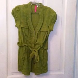 Heart Soul Size Large Green Snap Button Down Shirt with Belted waist Great!